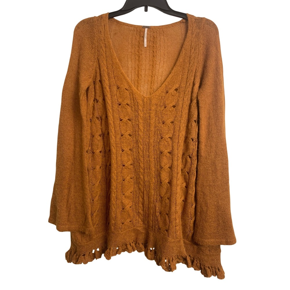Free People Orange Alpaca Blend Cable Knit Ruffle‎ Hem V-Neck Sweater Small